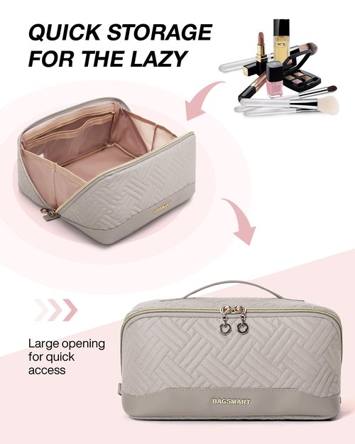BAGSMART Makeup Bag Cosmetic Bag, Travel Makeup Bag,Water-resistent Makeup Bags for Women Portable Pouch Open Flat Make Up Organizer Bag for Toiletries, Brushes, Tranquil Gray