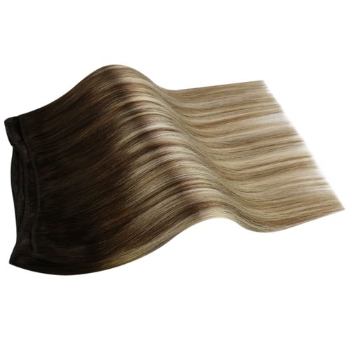Ugeat Sew in Hair Extensions Balayage Chocolate Brown Invisible Weft Hair Extensions Human Hair Ombre Medium Brown Mix Light Blonde Double Weft Short Straight Remy Hair 14 Inch 80G