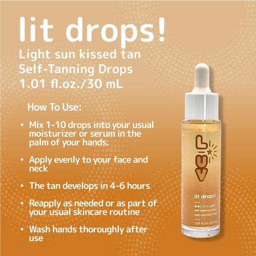L-UV lit drops! Light sun kissed tan. No color transfer drops with Vitamin C and E. Mix easily with your favorite moisturizer for a natural and flawless looking tan.