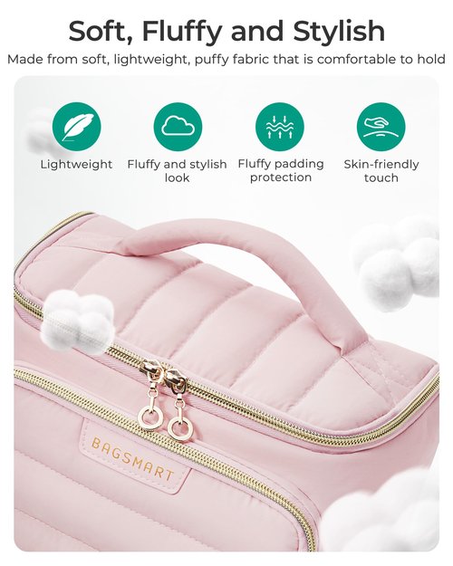 BAGSMART Travel Makeup Bag with Jewelry Organizer, Portable Make Up Bag, Puffy Wide-Opening Cosmetic Storage Pouch for Women’s Toiletries and Travel Essentials (Black)