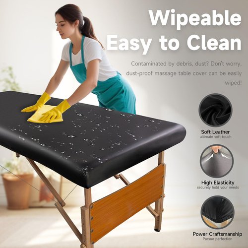 WUSOUPU PU Leather Cover for Massage Table Wipeable Massage Bed Protector Cover Made of 4-Ways Elastic 100% Waterproof Material, Machine Washable, Fit Rectangular Tables 28-32" Wide (Black)