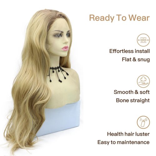Honey Blond Lace Front Wigs for Women Long Wavy Blonde Synthetic Lace Front Wig Ombre Highlight Hd Lace Frontal Wigs Pre Plucked 24 Inch Body Wave Real Hair Glueless Heat Resistant Daily Wear Use