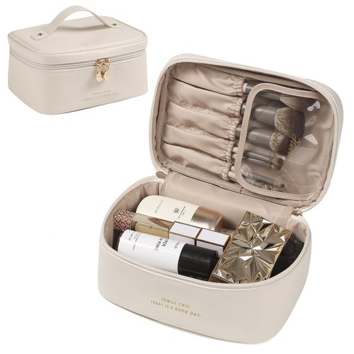 Travel Makeup Bag for Women Portable Cosmetic Bag Case Large Capacity Travel Toiletry Bag Waterproof Leather Make Up Organizer Cosmetic Brush Bag Case with Handle for Women