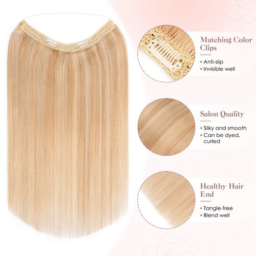 S-noilite Halo Hair Extension Invisible Wire in Real Remy Human Hair Extensions with Clips Adjustable Hidden Wire in Hair Extension for Women 14 inch Ash Brown Highlighted Blonde