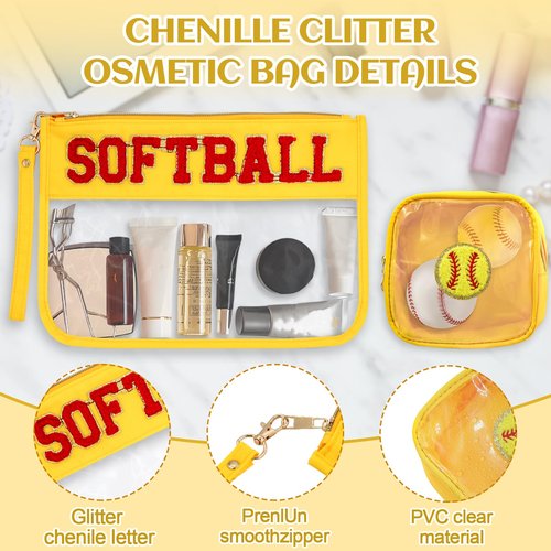 DUGYGA 2 Pcs Softball Chenille Letter Bags, Clear Toiletry Zipper Pouch, Cute Softballs Snack & Makeup Pouches, Softball Accessories Gift for Players, Moms, Fans, Girls, Birthday or Team Gifts