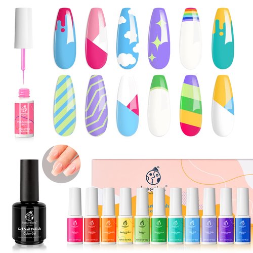 Beetles Nude Gel Nail Polish 15ml Neutral Color with 12 Rainbow Colorful Pastel Gel Art Paint for Trendy Swirl Nails Bright Spring Summer