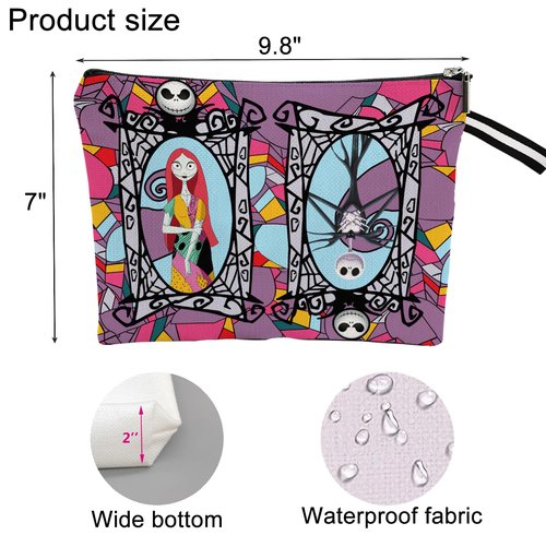 WLWLGLUCK Portable Jack & Sally Themed Makeup Bag, Before Xmas Nightmare Cosmetic Bag, Jack Skellington & Sally Portable Travel Cosmetic Organizer- Cotton & Linen, Water-Resistant, 9.8x7 Inches