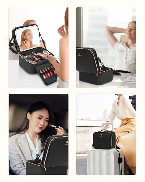 TANTO Travel Makeup Bag with LED Mirror Double Layer Makeup Case with Lighted Mirror Dual Layer Cosmetic Train Case Portable Artist Organizer Bag with Dividers and Rechargeable Vanity (Black, Small)
