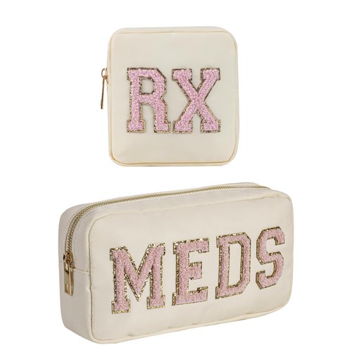 2Pcs Chenille Letter Patch Nylon Medicine Makeup Bag Set,Cute MEDS Travel Makeup Bag with Metal Zipper, First Aid Purse Organizer Cosmetic Bag for Women and Girls(Beige MEDS-RX)