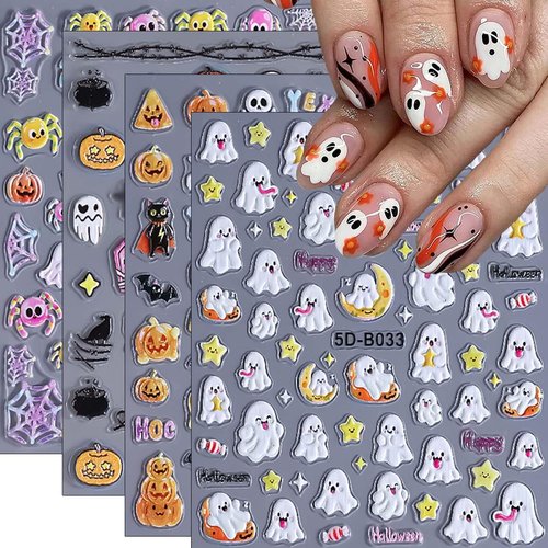 4 Sheets Halloween Nail Stickers 5D Embossed Star Moon Ghost Self-Adhesive Nail Decals Cute Nail Art Sticker Halloween Nail Art Supplies for Women Girls DIY Manicure Accessories