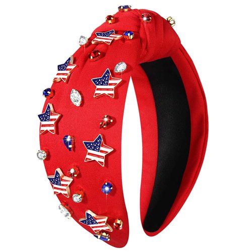 4th of July Headbands for Women, 4th of July Accessories, American Flag Patriotic Headbands, Rhinestone Pearl Knotted Hairbands Beads Embellished Jeweled Headband Holiday Gifts (Star B - Red)