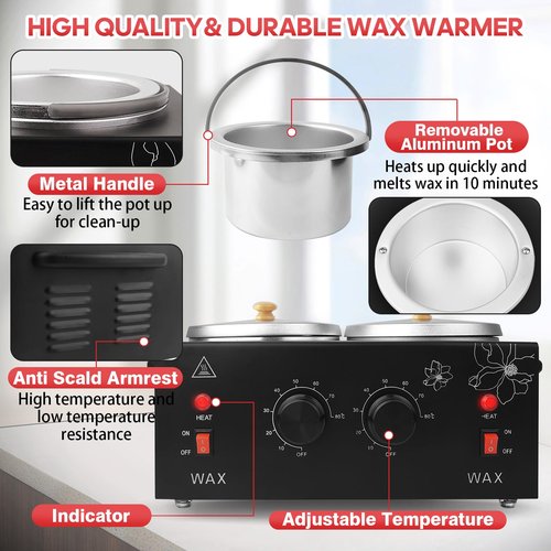 Wax Warmer for Hair Removal, Professional Waxing Heater Pot with Adjustable Temperature for Women Men, with 20 Wooden Wax Sticks (Black-Double Pots)