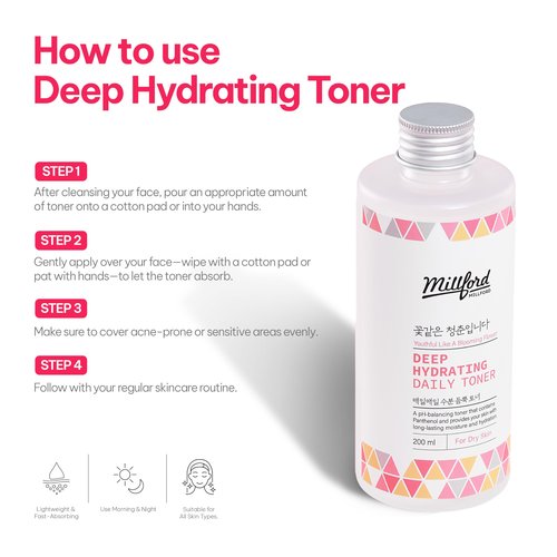 Millford Deep Hydrating Daily Toner 6.76 Oz, 200ml, Moisturizing Toner, Alcohol Free, Fragrance Free, pH Balance, Panthenol, Betaine, Vitamin B5, Korean Skincare