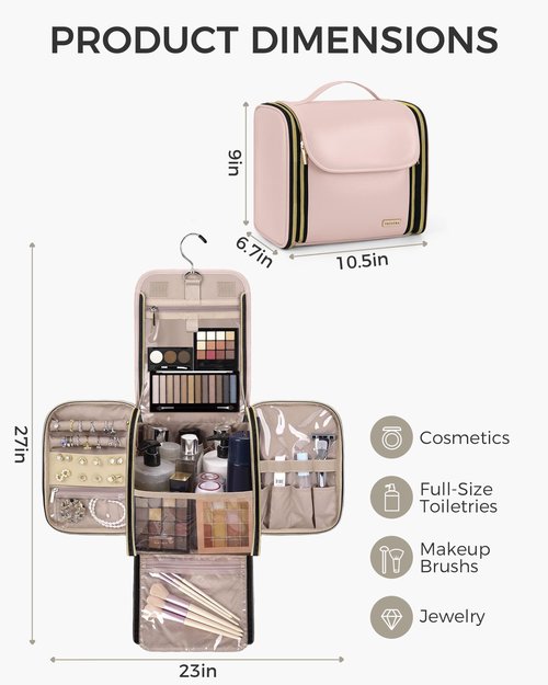 TBTOTRA Hanging Toiletry Bag, PU Leather Makeup Bag Large Capacity with Jewelry Organizer for Brushes Set, Cosmetic Accessories, Pink
