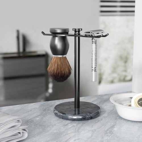 pickpiff Safety Razor Stand with Brush Holder, Marble Base with Black Metal Holder Heavy Duty, Extra Wide Openings, Fits Most Brushes and All Kinds Of Razors