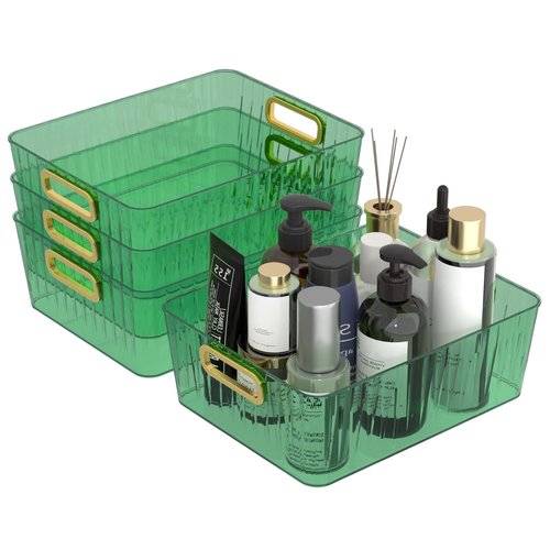 Vadidiya Clear Storage Organizer Bins, Plastic Cosmetic Storage Bin, Green, 4 Packs