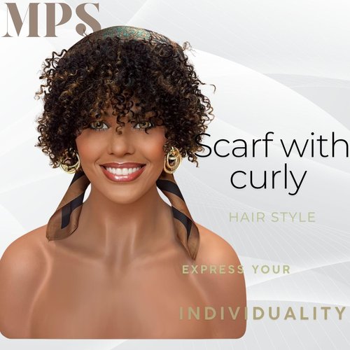 MPS Kinky Curly Wig with Bangs Blonde Highlight Wigs 3C-4A Coily Afro Curl Human hair Wig Short Human Hair for Black Women Ready to Wear