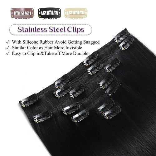 Human Hair Extensions Jet Black Clip in Hair Extensions Real Human Hair 85g Clip in Extension for Women 7Pcs 16 Inch Silky Straight Remy Human Hair #1 Clip ins