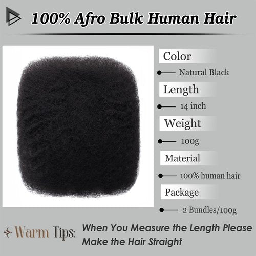 Haftaluv Afro Kinkys Bulk Human Hair 14 Inch 100g Nature Black Afro Kinky Curly Human Hair Bulk for Dreadlock Extensions, Micro Locs, Braiding Twists, Braids and Repair Locs(14 Inch, 1b#)