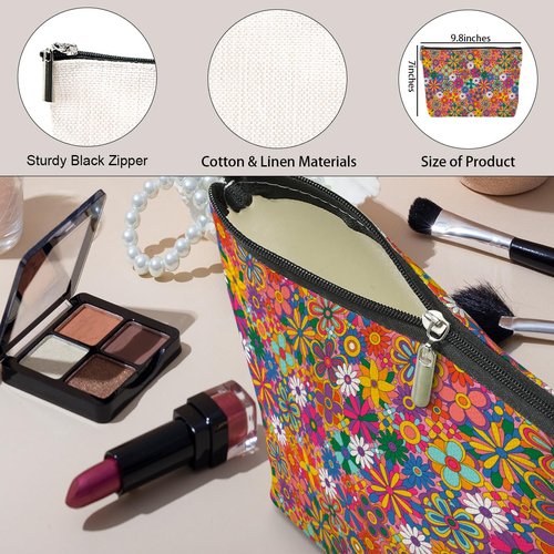 Retro Hippie Flowers Makeup Bag Floral Lovers Gift Vintage Flower Cosmetic Bag Mom Birthday Nurse Mothers Day Graduation Friendship Gifts for Women Best Friends Sister Grandma Travel Toiletry Bag