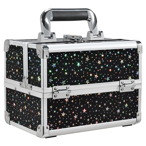 Joligrace Makeup Train Case Portable Cosmetic Box 2 Trays with Mirror Lockable for Makeup Nail Tech and Beauticians Traveling Makeup Storage Organizer - Black Star