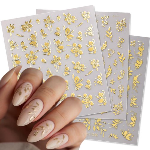6 Sheets Gold Nail Stickers 3D Metallic Flower Leaf Nail Art Stickers 3D Self Adhesive Gold Nails Designs Accessories Cherry Blossom Flower Nails Decals for Women Girls DIY Summer Manicure Decoration