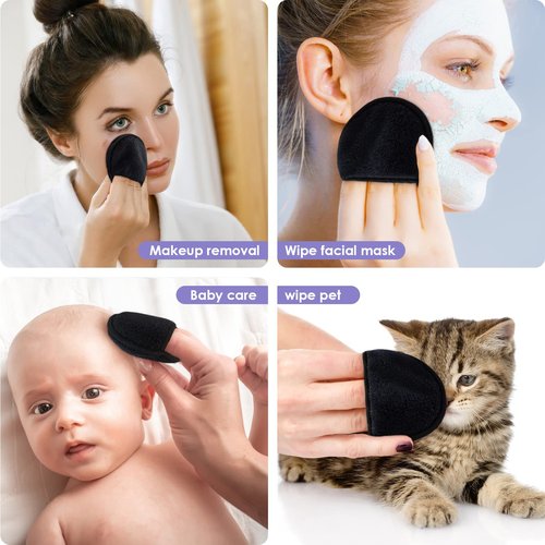 SUNLAND Reusable Makeup Remover Pads for Face,Eye,Lips 32 Pack Microfiber Face Cleansing Gloves Washable with Laundry Bag and Travel Bag Rounds Toner Pads（Round 3.15inchx32,Black）