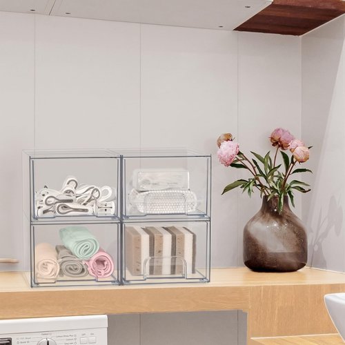 Hykeen 3 Pack Stackable Makeup Organizers, Acrylic Drawers Bathroom Storage, Clear Plastic Cosmetics Storage Bins for Vanity, Undersink, Skincare, Kitchen Cabinets, Pantry Organization