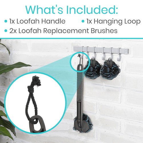 Vive Long Handled Loofah on a Stick - Mesh Back Sponge for Bath, Reusable w/Extra Pouf - Exfoliating Scrubber for Elderly & Disabled, Soft Loofa for Bathing Men & Women