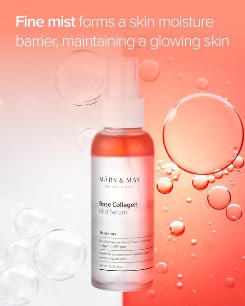 Mary&May Rose Collagen Mist Serum - Double Layer Essence Face Spray - Instant Hydration, Radiance, Anti-Aging and Glowing Skin with Damask Rose Water and Plant-Based Oils, 3.38 fl.oz.