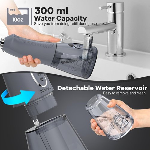 H2ofloss Water Dental Flosser Pick for Teeth: 5 Modes Cordless Portable 300ML Larger Tank Water Teeth Cleaner IPX7 Waterproof Flossing Cleaning Picks for Home Travel Gray