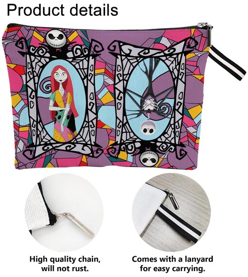 WLWLGLUCK Portable Jack & Sally Themed Makeup Bag, Before Xmas Nightmare Cosmetic Bag, Jack Skellington & Sally Portable Travel Cosmetic Organizer- Cotton & Linen, Water-Resistant, 9.8x7 Inches