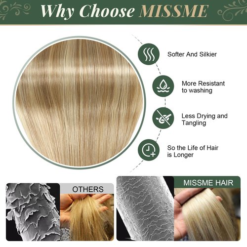 Missme Tape in Hair Extensions Human Hair 16 inch 20 Pcs 40g #P18/613 Ash Blonde Tape ins Human Hair Extensions Remy Hair Skin Weft Seamless Invisible Silky Straight Thick Ends Add Length