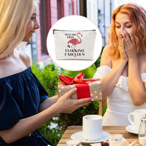 BQXH 50th Birthday Gifts for Her, Gifts for 50th Birthday Woman, Flamingo Gifts Funny Makeup Bag, 50 Year Old Gifts for Women Grandma Mom, Turning 50 Cosmetic Bag, Flamingo Lover Gifts Toiletry Bag