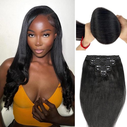 AIKAUR YaKi Straight Human Hair Clip in Extensions 120g Full Head for Women 100% Unprocessed Brazilian Virgin Human Clip ins Remy Hair Natural Black 8Pcs 22inch