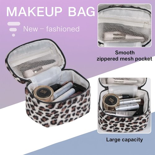 imerelez Plush Travel Makeup Bag Toiletry bag for Women Soft Fluffy Cosmetic Bag Portable Foldable (Beige Leopard)