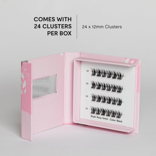 Silly George Single-Size Pop-On Lashes - DIY 1-Step Pre-Glued Faux Eyelash Cluster Kit, Natural Look Extensions, Pack of 24 Individual Clusters, Black - Rosy, 12mm