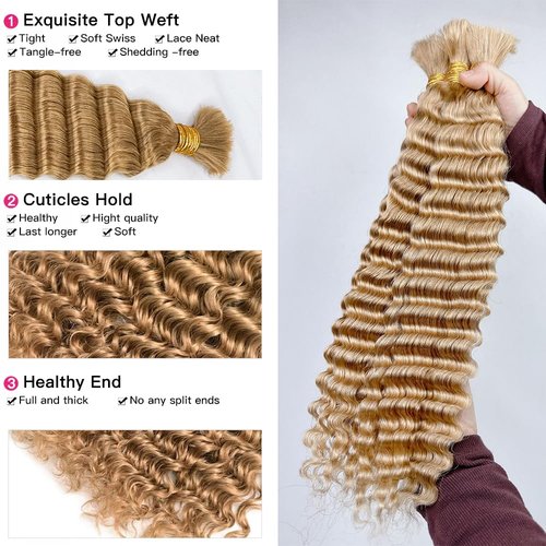 Human Braiding Hair 27#Honer Blonde Deep Wave Bulk Human Hair For Braiding Hair Extensions No Weft 1 Bundle 100g Micro Braiding Human Hair for Boho Knotless Braids Human Hair (16 Inch,27#,100g)