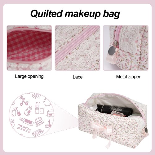 SXS LACONIC Quilted Makeup Bag,Travel Coquette Cosmetic Brush Pouch,Cute Bow Floral Make up Organizer Handbag,Large Capacity Toiletry Bag