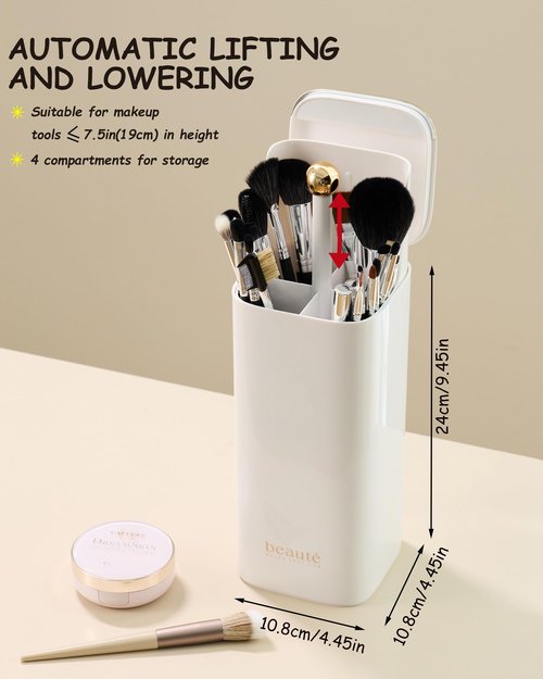 Makeup Brush Holder with Lid, Automatic Lifting Waterproof Dustproof Makeup Brushes Organizer for Vanity Desktop Bathroom Countertop(White)