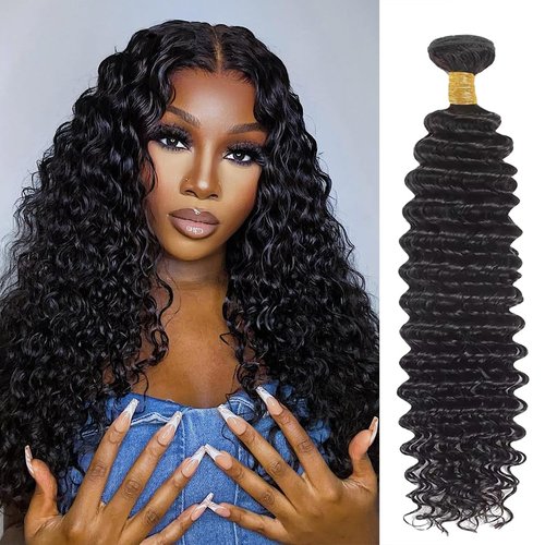 Deep Wave Human Hair Bundles 16 Inch Deep Wave Bundles 100% Unprocessed Brazilian Virgin Hair 1 Bundle Curly Bundles Hair Extensions Real Human Hair Wavy Quick Weave Bundle Natural Black
