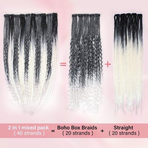 24 Inch Clip in Dreadlock Hair Extensions 10Clips 40 Strands Mixed Synthetic Dreads Extensions for Women,Handmade Soft Straight Boho Wavy Dreads,Gray/White