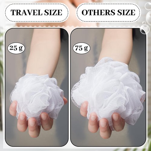Funnymoom 12 Pcs Travel Size Loofah Individually Wrapped, Small Shower Puff Bath Sponge Pouf Ball Bulk Mesh Bath Puff Mini Loofah Sponge with Case Bulk for Shower Care (25g,White)