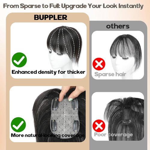 BUPPLER Hair Toppers for Women Real Human Hair-U Shape Toppers Hair Pieces for Women with Thinning Hairr 150% Density Silk Base Clip in Human Topper with Bangs for Daily Use(Brown Black-1B