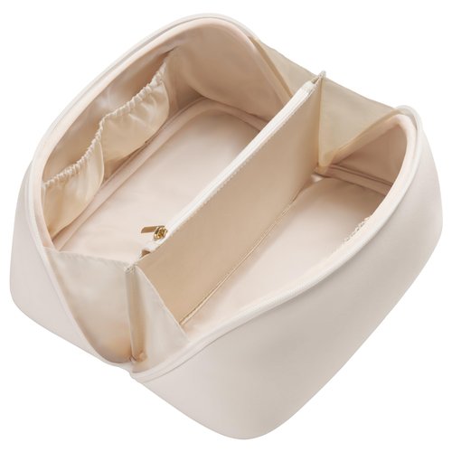 Yarnic White Neoprene Travel Makeup Bag Cosmetic Bag, Large Capacity Toiletry Bag for Women, Portable Pouch Cute Make Up Organizer with Divider and Handle