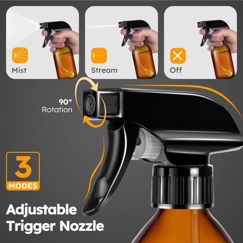 Tecohouse 360° 4 OZ Amber Glass Spray Bottles, 2 Pack Empty Refillable Containers with Adjustable Spray Nozzles, Spray Bottles for Cleaning Solutions, Plants, Hairs