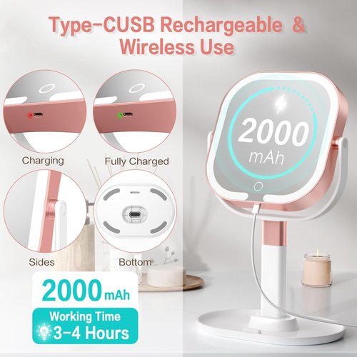 Rosivyphan Makeup Mirror with Lights, 1X/10X Magnifying Vanity Mirror with 3 Colors, 2000mAh Rechargeable Double Sided Magnifying Mirror, Height Brightness Adjustable, 360° Rotation Vanity