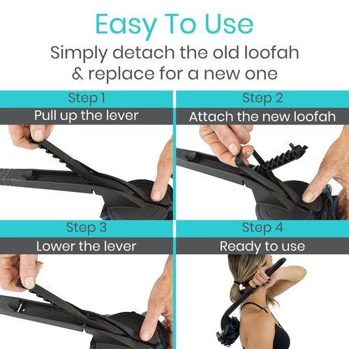 Vive Long Handled Loofah on a Stick - Mesh Back Sponge for Bath, Reusable w/Extra Pouf - Exfoliating Scrubber for Elderly & Disabled, Soft Loofa for Bathing Men & Women