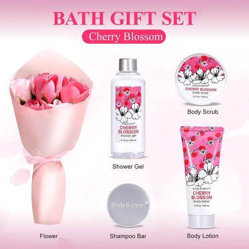 Bath and Body Gift Set for Women - Cherry Blossom Scent with Double-Layer Spa Gift Box, 5 Piece Home Spa Set Includes Shower Gel, Body Scrub, Body Lotion, Hand Soap, Rose Flower, Bath Set Gift for Her