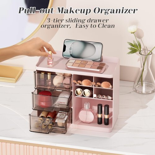 REAXYZNN Makeup Organizer with Drawers, Multi-Function Vanity Organizer Countertop, Stackable Lipstick Organizer for Makeup Brush Skincare, Pink